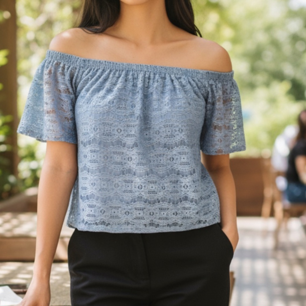 Lily White Women's Size Small Off Shoulder Blouse Blue Lace Short Sleeve